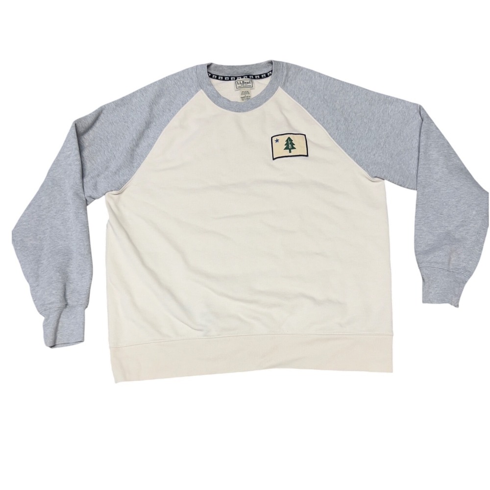 L.L.Bean Mens Raglan Sweatshirt Large Cream Gray 1901 Maine Flag Pine Tree Patch